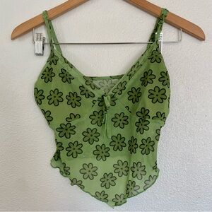 Green Flower Womens M Babydoll Mesh Crop Top Spaghetti Strap Y2K Fairy Festival
